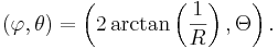 (\varphi, \theta) = \left(2 \arctan\left(\frac{1}{R}\right), \Theta\right).