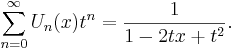 \sum_{n=0}^{\infty}U_n(x) t^n = \frac{1}{1-2tx+t^2}. \,\!