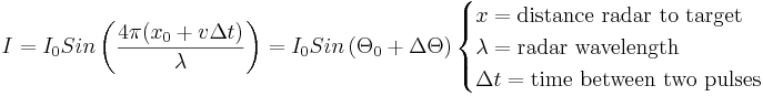 I = I_0 Sin \left(\frac{4\pi (x_0 + v \Delta t)}{\lambda}\right) = I_0 Sin \left(\Theta_0 + \Delta\Theta\right)\begin{cases} x = \mathrm{distance\ radar\ to\ target} \\ \lambda = \mathrm{radar\ wavelength}  \\ \Delta t = \mathrm{time\ between\ two\ pulses} \end{cases} 