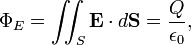 \Phi_E = \int \!\!\!\int_S \mathbf{E}\cdot d\mathbf{S} = {Q \over \epsilon_0},