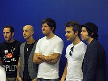 The members of Simple Plan. Left to right: Comeau, Stinco, Bouvier, Lefebvre, Desrosiers.