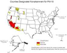 U.S. counties violating national PM2.5 standards, roughly correlated with population density.