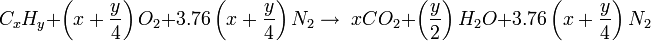 C_xH_y + \left( x+ \frac{y}{4} \right) O_2 + 3.76 \left( x+ \frac{y}{4} \right) N_2 \rightarrow \; xCO_2 + \left( \frac{y}{2} \right) H_2O + 3.76 \left( x + \frac{y}{4} \right) N_2