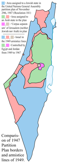 Comparison between the boundaries in the November 29, 1947 United Nations General Assembly partition plan (Resolution 181) for the British Mandate Territory of Palestine and the eventual armistice boundaries of 1949-1950.  *Blue = area assigned to a Jewish state in the original UN partition plan, and within the 1949 Israel armistice lines. *Green = area assigned to an Arab state in the original UN partition plan, and controlled by Egypt or Jordan from 1949-1967. *Light red = area assigned to an Arab state in the original UN partition plan, but within the 1949 Israel armistice lines. *Magenta = area assigned to the "Corpus Separatum" of Jerusalem/Bethlehem (neither Jewish nor Arab) by the plan, but controlled by Jordan from 1949-1967. *Greyish = area assigned to the "Corpus Separatum" of Jerusalem/Bethlehem (neither Jewish nor Arab) by the plan, but within the 1949 Israel armistice lines.