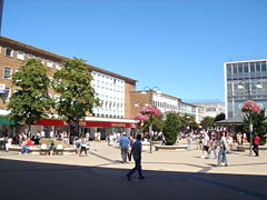 Queen's Square, a large pedestrianised shopping area in the town centre