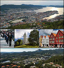 From top to bottom: city centre, buekorps, Gamlehaugen, Bryggen, and Fyllingsdalen