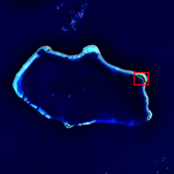 Bikini Atoll, with Bikini Island boxed in the northeast.  The crater formed by the Castle Bravo nuclear test can be seen on the northwest cape of the atoll.