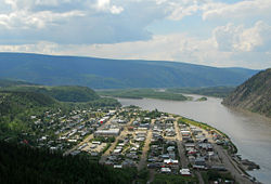 Aerial view of Dawson City with the Yukon River in early June, 2007