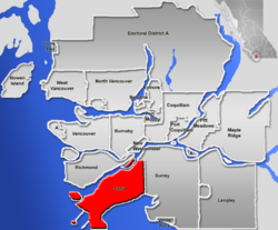 Location of Delta within the Greater Vancouver Area in British Columbia, Canada