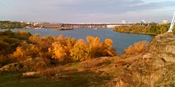 The dam of the DneproGES power plant as it's seen from Khortytsia.