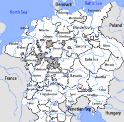 Map indicating the Electoral Rhenish Circle of the Holy Roman Empire