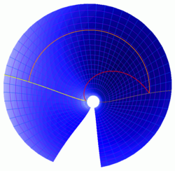 Two views of an isometric embedding of part of the visible universe over most of its history, showing how a light ray (red line) can travel an effective distance of 28 billion light years (orange line) in just 13 billion years of cosmological time. Click the images to zoom. (Mathematical details)