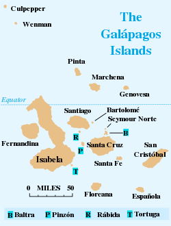 Map of the Galápagos archipelago showing the names of the islands.