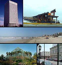 From left to right, top to bottom. One Moody Plaza, Balinese Room, Galveston Beach, Moody Gardens, and the Strand.