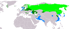 Light Green: nesting areaBlue: wintering areaDark Green: all-year