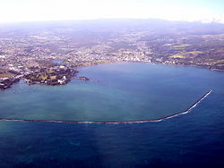 Aerial view of Hilo bay and city.