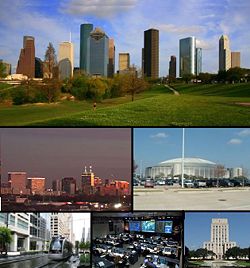 From left to right, top to bottom:  Downtown Houston Skyline, Medical Center Skyline, The Astrodome, The METRORail, Mission Control, and City Hall