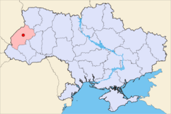 Map of Ukraine (blue) with Lviv (red) highlighted.