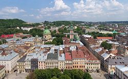 View of the historic Old Town of Lviv.