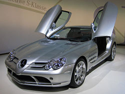 A silver SLR McLaren on display at the 2006 European Motor Show in Brussels.