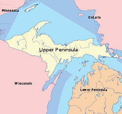 The Upper Peninsula is bordered by the Lower Peninsula, Wisconsin, Minnesota, and Ontario