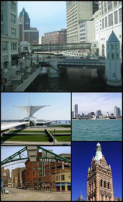 Top: Milwaukee Riverwalk, Center Left Milwaukee Art Museum, Center Right US Bank Center and Lake Michigan, Lower Left Historic Third Ward, Milwaukee, Lower Right Milwaukee City Hall