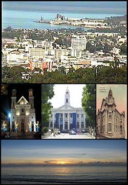 From top left: Mayagüez's skyline from Cerro Las Mesas, Nuestra Señora de la Candelaria Cathedral, Mayagüez's City Hall, Teatro Yaguez and Mayagüez sunset