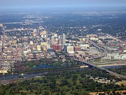 An aerial view of Downtown Omaha.