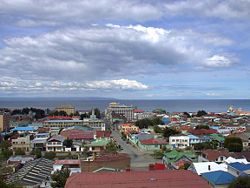 View of the city of Punta Arenas. In the background the Strait of Magellan and the north coast of Tierra del Fuego ( Isla Grande De Tierra del Fuego )