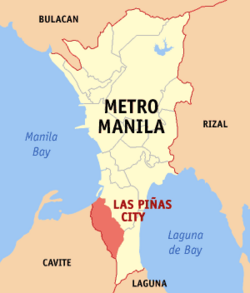 Map of Metro Manila showing the location of Las Piñas City Coordinates: 14°38' N, 121°2' E