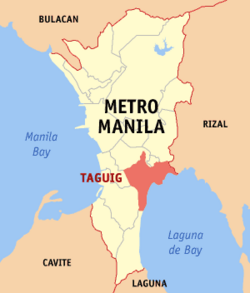 Map of Metro Manila showing the location of Taguig City Coordinates: 14° 33' N, 121°5', E