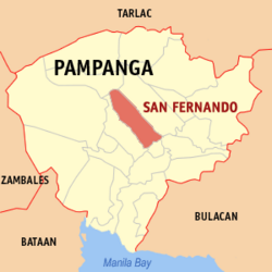 Map of Pampanga showing the location of City of San Fernando Coordinates: 15 00 N, 120 38 E