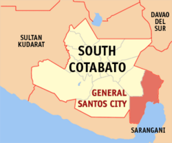 Map of South Cotabato showing the location of General Santos City. Coordinates: 6°7'N 125°10'E