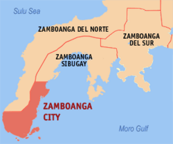 Location of Zamboanga City within the map of the Zamboanga Peninsula on the island of Mindanao