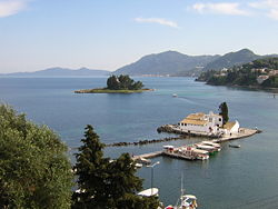 Pontikonisi and Vlaheraina monastery as viewed from the hilltops of Kanoni