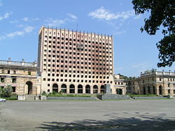 The Government House of Abkhazia, destroyed in the Abkhaz offensive on September 27, 1993, still stands in ruins