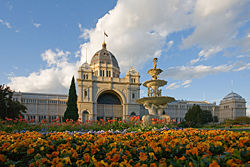 The Royal Exhibition Building, showing the fountain on the southern or Carlton Gardens side of the building