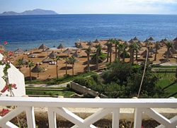 View of the Red Sea and Tiran Island from the Sheraton Sharm hotel.