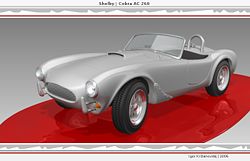 An artists rendering of the first AC Cobra, with the 260in³ engine. Note the narrower track and smaller wheelarches with flattened lips