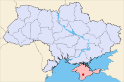 Simferopol on a map of Ukraine (blue) in Crimea (pink).