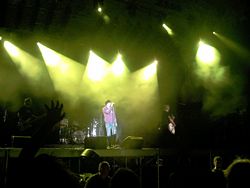 The Cult on June 22, 2007, at "Drava Rock Fest", Croatia. Lead singer Ian Astbury in the purple jumper. Guitarist Billy Duffy with his white Gretsch White Falcon