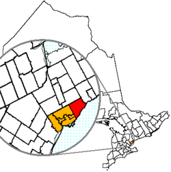 Location of Scarborough (red) compared to the rest of Toronto (yellow).