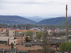 Uzhhorod at the foot of the Carpathian Mountains.