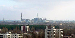 Chernobyl Nuclear Power Station, viewed from the roof of a building in Prypiat, Ukraine.