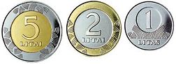 The 5, 2, and 1 litas coins, standard versions