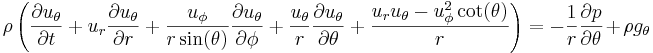 
\rho \left(\frac{\partial u_{\theta}}{\partial t} + u_r \frac{\partial u_{\theta}}{\partial r} + \frac{u_{\phi}}{r \sin(\theta)} \frac{\partial u_{\theta}}{\partial \phi} + \frac{u_{\theta}}{r} \frac{\partial u_{\theta}}{\partial \theta} + \frac{u_r u_{\theta} - u_{\phi}^2 \cot(\theta)}{r}\right) = -\frac{1}{r} \frac{\partial p}{\partial \theta} + \rho g_{\theta}