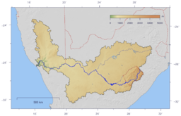 The course and watershed of the Orange River. This map shows a conservative border for the watershed. Specifically, the Kalahari basin is excluded, as some sources say it is endorheic. [1] Some other sources using computational methods show a basin which includes parts of Botswana (and hence of the Kalahari). [2]