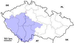 The course and drainage basin of the Vltava from its source to its confluence with the Elbe (magenta)