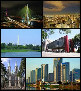 Images, from top, left to right: Octavio Frias de Oliveira bridge, São Paulo Skyline, Ibirapuera Park, São Paulo Museum of Art; São Paulo Cathedral; Octavio Frias de Oliveira bridge; and office buildings alongside the Pinheiros River.