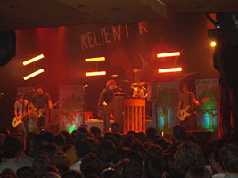 Relient K live in May 2007. Left to right: Jon Schneck, Matt Hoopes, Matt Thiessen, Dave Douglas, John Warne.